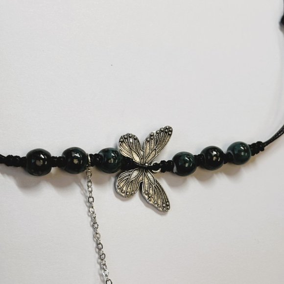 Dark Green Bead Silver Butterfly Pendant Charm Pray Vintage Necklace - Picture 12 of 16